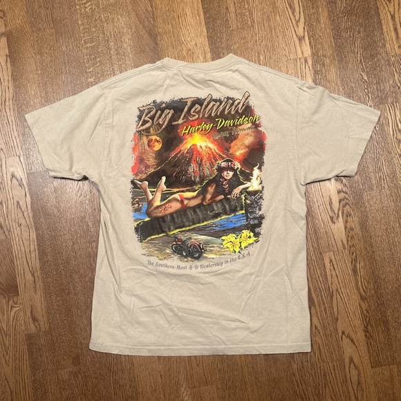 Harley Davidson Motorcycle Kona Hawaiia Pinup Girl Tan Beige T Shirt Mens Large - Picture 1 of 10